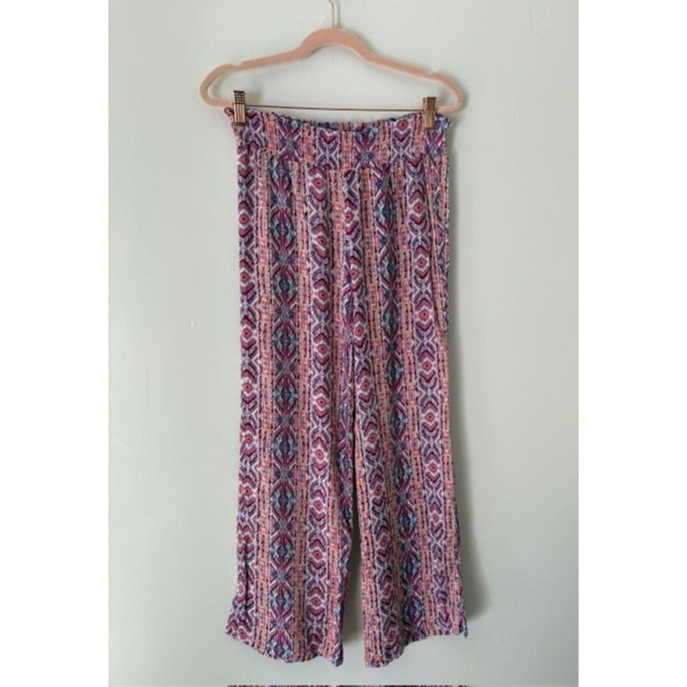 Pink Rose Womens Small Pink Geometric Smocked Waist Wide Leg Rayon Pants
